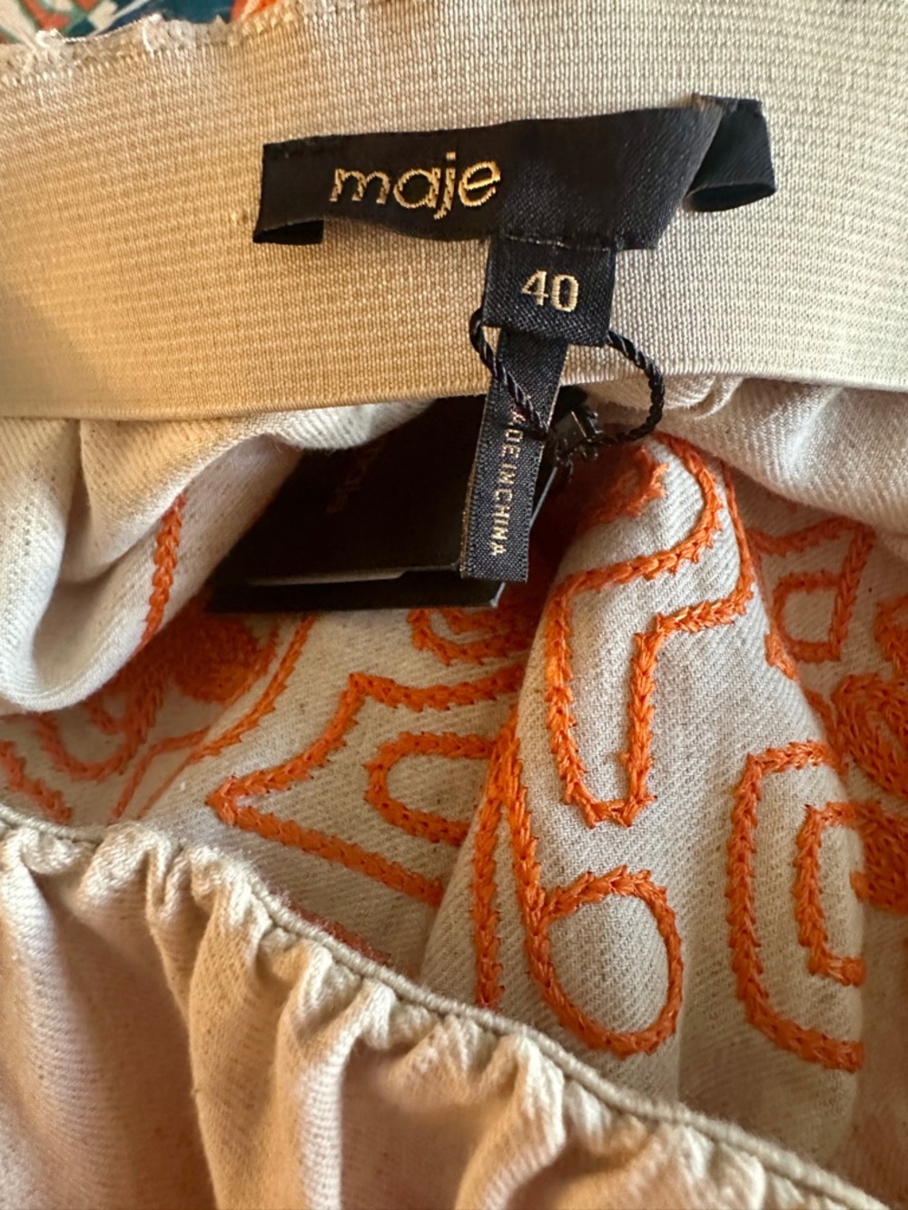 Designer Maje Tiered Cotton-Blend Maxi Skirt w/ Orange Floral Embroidery Sz 10 - Picture 6 of 7
